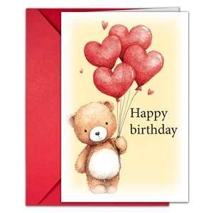 Geburtstagskarten-Set mit Aquarell-Teddybär, Herzballons und rotem Umschlag
