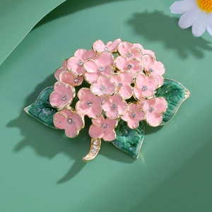 Exquisite hydrangea flower brooch with pink petals, green leaves and gold crystal details
