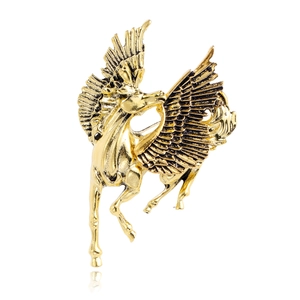 Golden Pegasus brooch with detailed wing textures and vintage metallic finish on white background