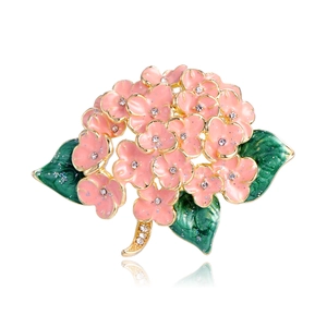 Exquisite hydrangea flower brooch with pink enamel petals and sparkling rhinestones