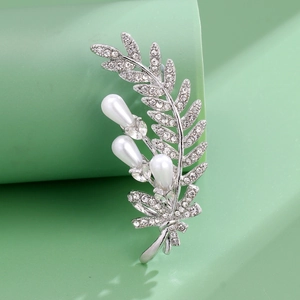 Luxury Alloy Wheat Leaf Brooch With Rhinestones And Faux Artificial Pearls Elegant Silver Tone Bowknot Corsage Pin For Women