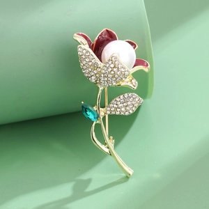 Élégante Broche en Alliage Émail Fleur de Tulipe Avec Strass et Künstliche Perle d'Imitation Incrustée Plaqué Or pour Femme Bijoux de Mariage Fête
