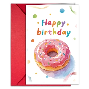 Geburtstagskartenset mit Aquarell-Donut-Motiv und einem leuchtend roten Umschlag