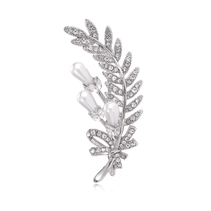 Elegant wheat stalk leaf brooch with white pearls and crystals on silver metal base