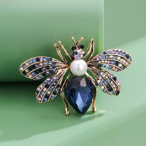 Vintage Luxury Bee Brooch For Women Alloy Rhinestone Artificial Pearl Deep Blue Crystal Animal Insect Breastpin For Wedding Banquet