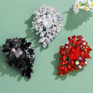 Vintage alloy crystal brooches with oval center stones in silver, black and red