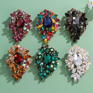 Set of six vintage baroque alloy brooches with rhinestones and oval glass stones