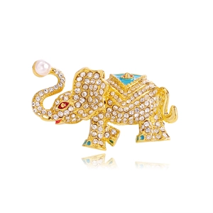 Exotic Elephant Brooch Zinc Alloy 18K Gold Plated Rhinestone Enamel Faux Artificial Pearl Animal Lapel Pin For Women Vintage Jewelry
