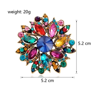 Vintage gold floral brooch with colorful rhinestones and crystals, 5.2cm x 5.2cm size