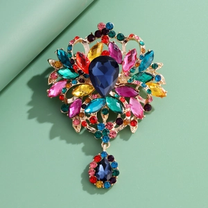 Luxury Vintage Palace Zinc Alloy Rhinestone Glass Brooch Teardrop Floral Pin For Women Wedding Banquet Party Dress Accessory Jewelry