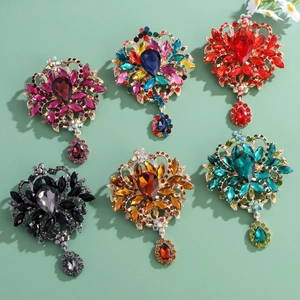 Vintage alloy crystal brooches with teardrop pendants in six assorted vibrant colors