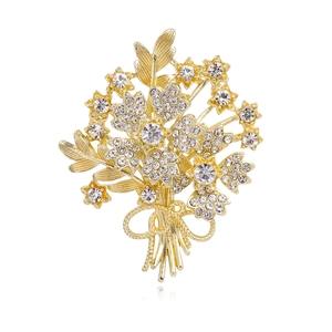 Elegant Golden Alloy Flower Bouquet Brooch White Rhinestone Inlaid Pin For Women Wedding Banquet Fashion Jewelry Gift