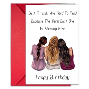 Birthday card for friends with illustration of three women and red envelope set