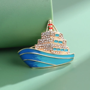 Broche Paquebot de Croisière Nautique Élégante en Alliage Doré avec Strass et Émail Bleu Blanc Épinglette pour Femme Bijoux de Costume