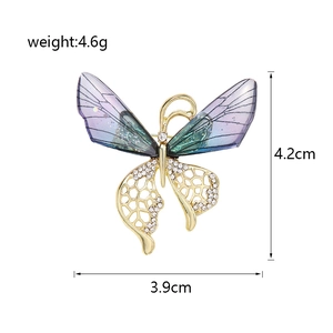 Détail d'une broche papillon en acrylique avec ailes violettes et maille cristal