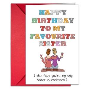 Birthday card for sister with red envelope and festive hand-drawn illustration