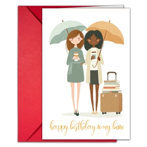 Birthday card set with red envelope featuring bestie illustration and happy birthday text