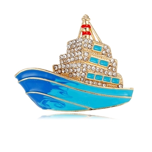 Broche de paquebot élégante avec émail bleu et cristaux brillants sur monture dorée