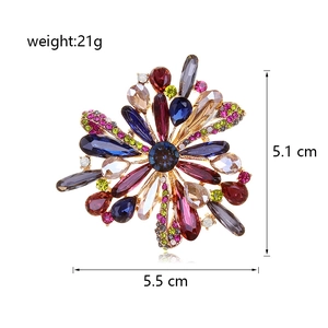 Detailed view of 5.5cm crystal flower brooch with colorful rhinestones on gold base