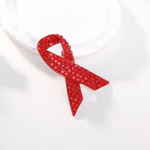 Elegant red rhinestone HIV AIDS awareness ribbon brooch pins for charity events