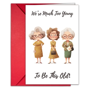 Tarjeta de cumpleaños divertida con ilustración de mujeres mayores y sobre rojo