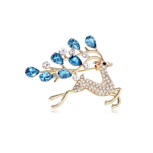 Sparkling elk brooch with golden alloy base, blue crystals and rhinestone inlay for women