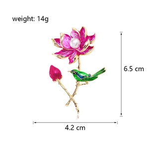 Detail of enamel lotus brooch with pink flower, green bird, pearl and 6.5cm dimensions