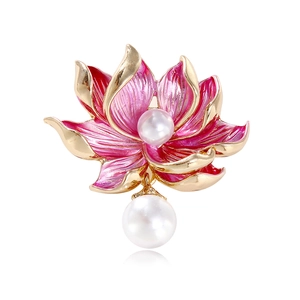 Elegant lotus flower brooch with pink enamel petals and hanging white pearl accent