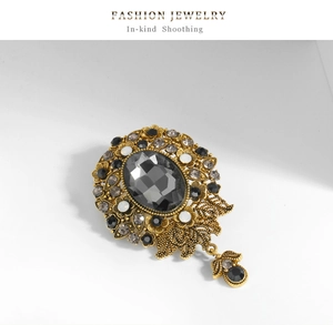 Detailed close-up of retro floral alloy brooch with multi-color faceted rhinestones