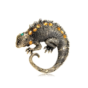 Vintage Alloy Lizard Brooch With Rhinestone Cat Eye Stone Antique Gold Silver Chameleon Animal Pin For Women Jewelry