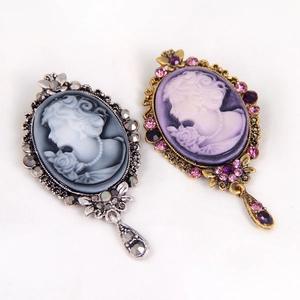 Vintage relief lady portrait brooch with crystal alloy frame in grey and purple sets