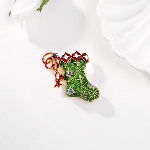 Christmas stocking brooch in green enamel with colorful rhinestones on gold alloy base