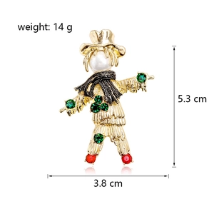 Vintage golden scarecrow brooch with pearl head and colorful rhinestones, 5.3x3.8 cm