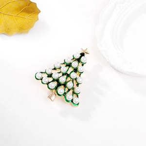Christmas tree brooch with green enamel and pearls on a gold-plated base for women