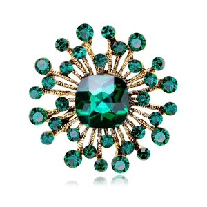 Vintage Sunburst Flower Brooch Pin For Women Alloy Rhinestone Geometric Emerald Blue Crystal Dress Jewelry Gift Accessories