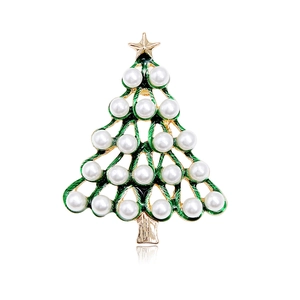 Christmas Tree Brooch Gold Plated Alloy Green Enamel Faux Pearl Pin Festive Xmas Jewelry Gift For Women