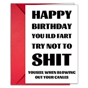 Funny minimalist birthday card with bold black text and a vibrant red envelope set