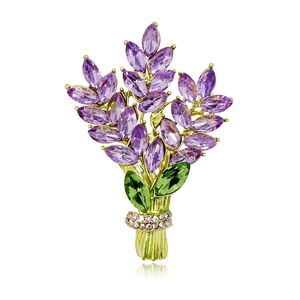 Squisita Spilla a Bouquet di Lavanda per Donna in Lega Placcata Oro Viola Verde Strass Cristallo Fiore Corsage Pin per Abito Cappotto Gioielli Regalo