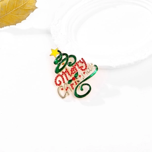 Broche sapin de Noël avec lettrage Merry Christmas, émail vert et strass rouges brillants