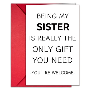 Humorous sister birthday card set with a white matte finish and red envelope