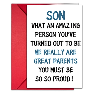 Birthday greeting card for son with red envelope and humorous English printed message