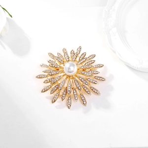 Elegant gold sun flower brooch with white pearl and crystal rhinestones on white petals