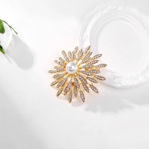 Elegant gold sun flower brooch with white pearl and sparkling rhinestones for women