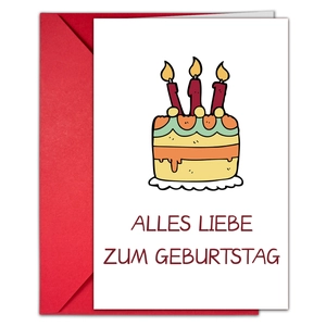 Coffret carte d'anniversaire avec illustration de gâteau et enveloppe rouge vif