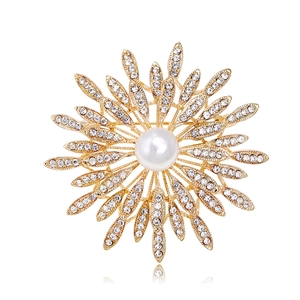 Gold Alloy Sunflower Brooch With Faux Artificial Pearl And Shimmering Rhinestones Vintage Floral Chest Pin For Wedding Banquet Jewelry