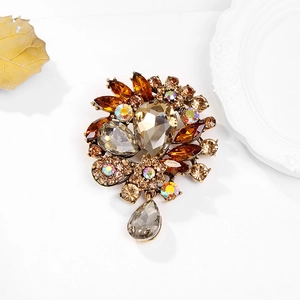 Vintage floral brooch with champagne crystals and amber water-drop pendant