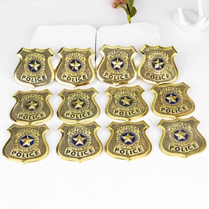 Set of 12 gold and blue metal police badges with star emblem for costume accessories