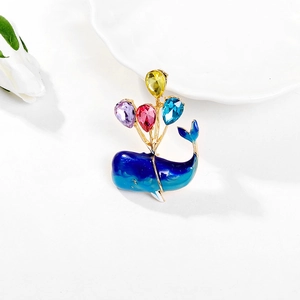 Exquisite blue whale brooch with colorful crystal balloons and golden metal plating