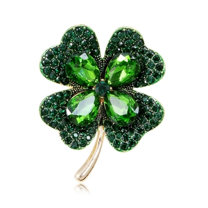 Luxury Alloy Rhinestone Four Leaf Clover Brooch Pin For Women Men Vintage Green Red Crystal Brooch Fashion Jewelry Gift