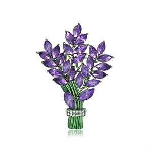 Elegant lavender brooch with purple marquise crystals and green enameled flower stem